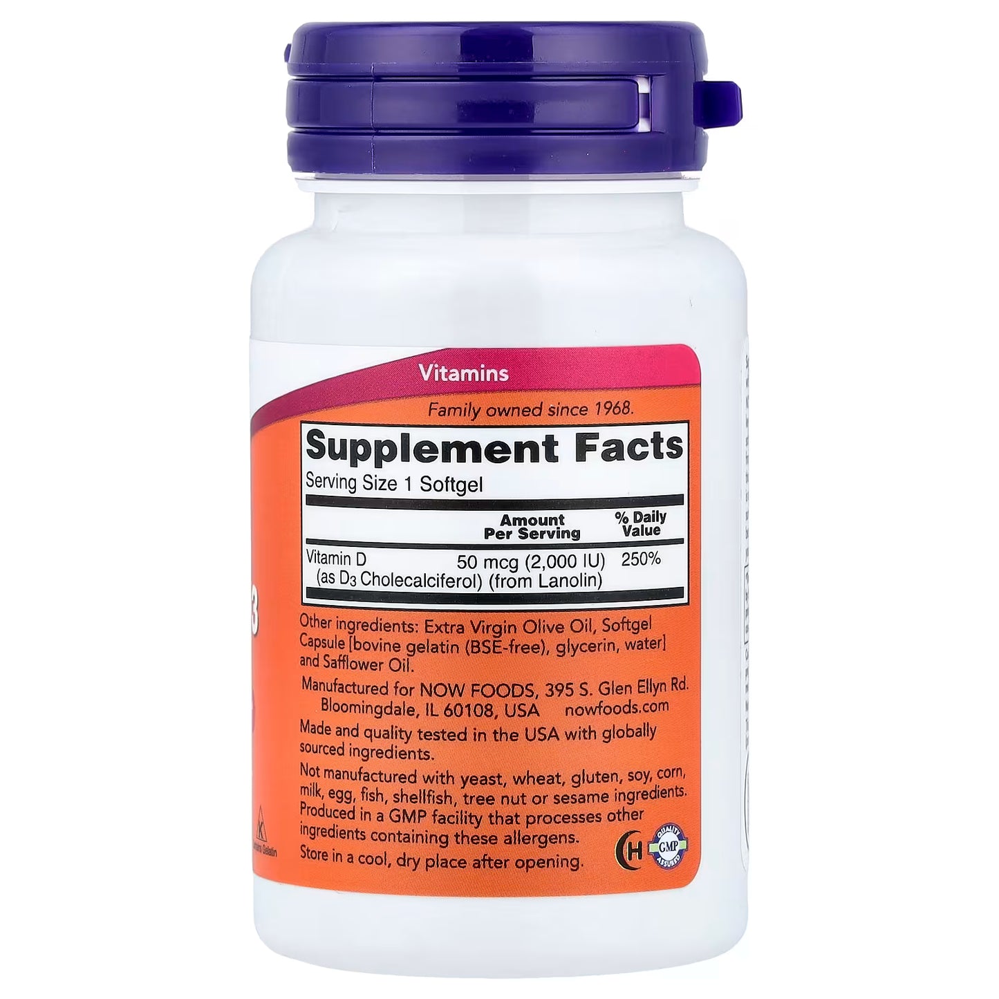 Vitamine D-3 de la marque NOW - 2000 IU - 120 gélules