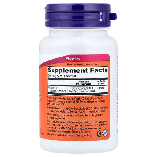 Vitamine D-3 de la marque NOW - 2000 IU - 120 gélules