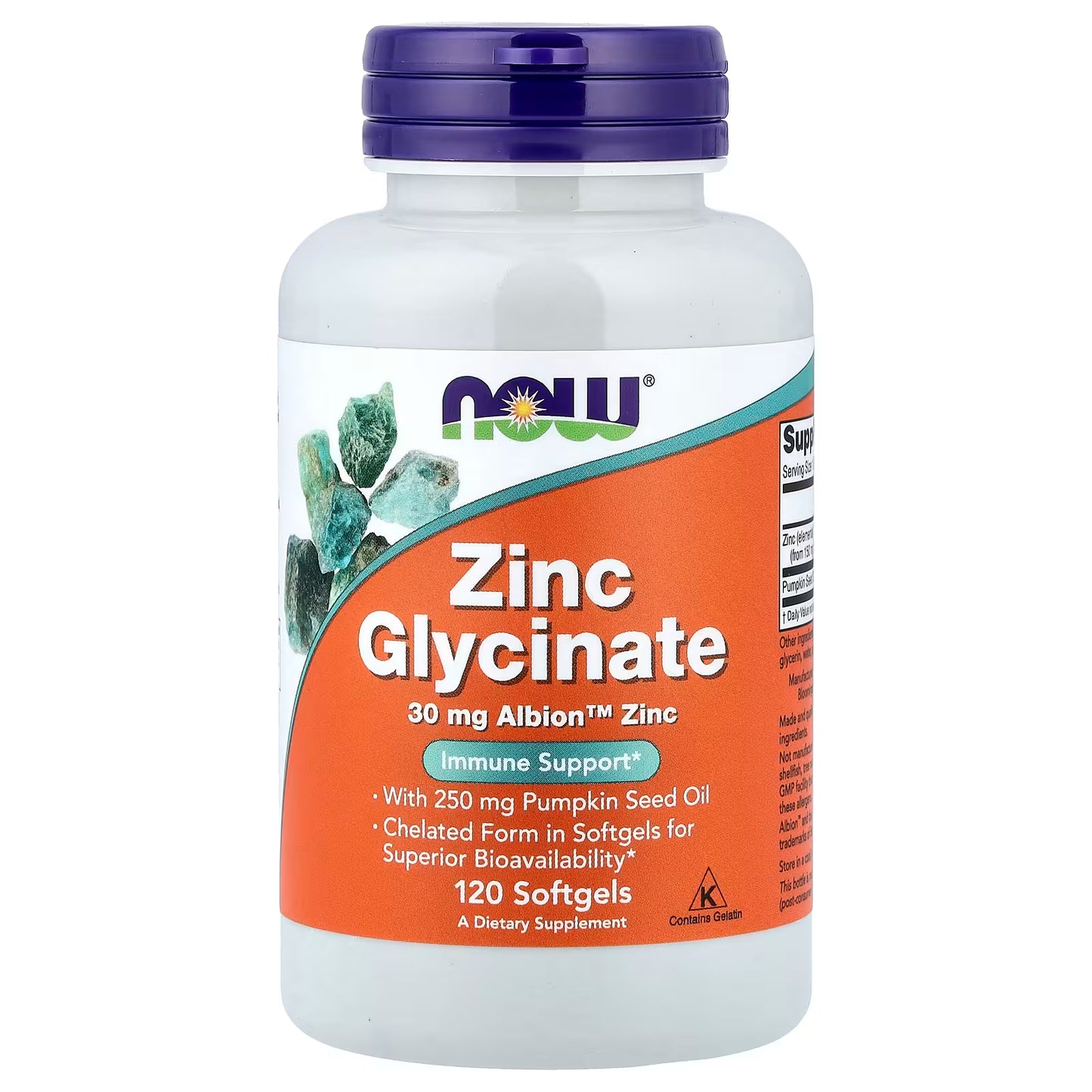 Zinc Glycinate NOW, 120 Softgels with 30mg AlbionTRAACS et 250mg pumpkin seed oil.